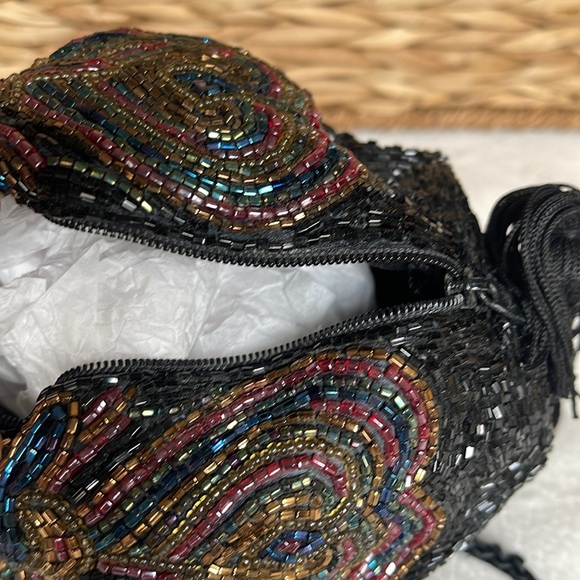 Glass Metallic STUNNING Multi Beaded Barrel Evening Bag Shoulder Black Tassel - Picture 6 of 7